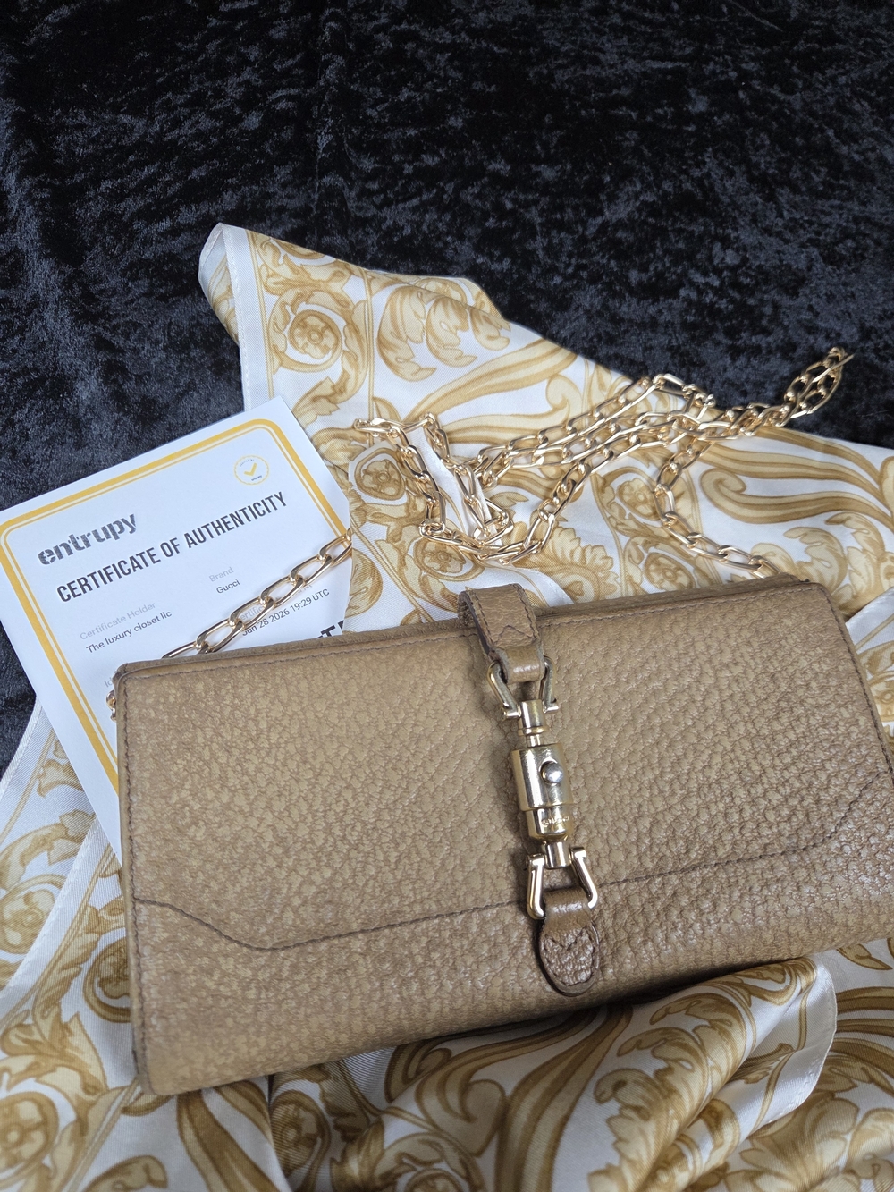 Gucci Jackie Pebbled Leather Continental Wallet Chain Clutch Taupe Beige Authent